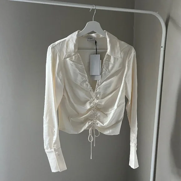 Claire Rose X NA-KD V-Neck Drop Gathered Satin Blouse